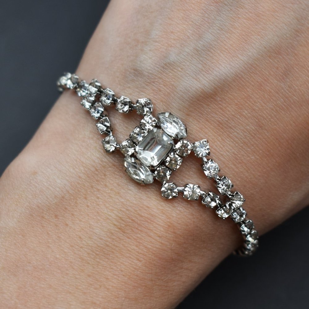 Fancy rhinestone tennis bracelet, dainty clear crystal cocktail party bracelet